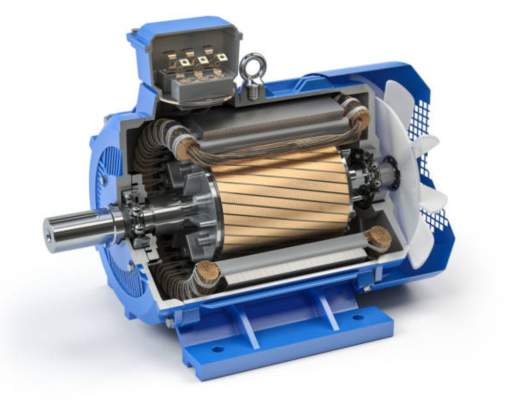 Cross section of Industrial electric motor. Electric motor parts and structure isolated on white background. 3d illustration